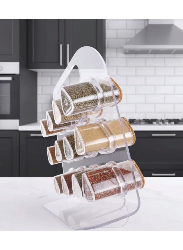 Spaceshoop Modern 12 Jar Clear Acrylic Spice Rack Organizer Portable Standing Countertop Holder with Triangular Glass Jars and Integrated Carry Handle - Image 3